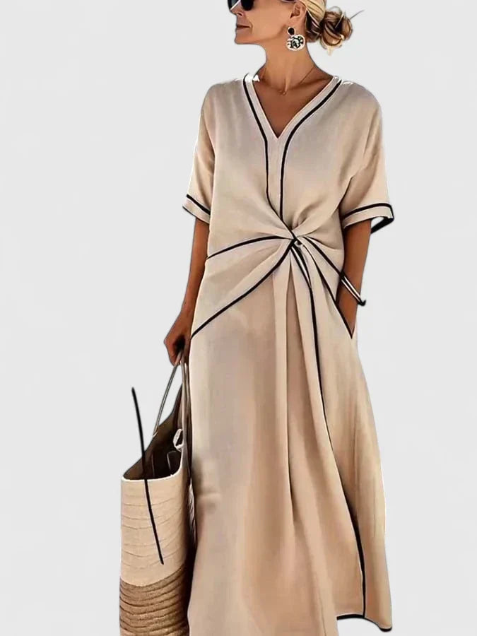 Women's V-Neck Tie-Waist Midi Dress