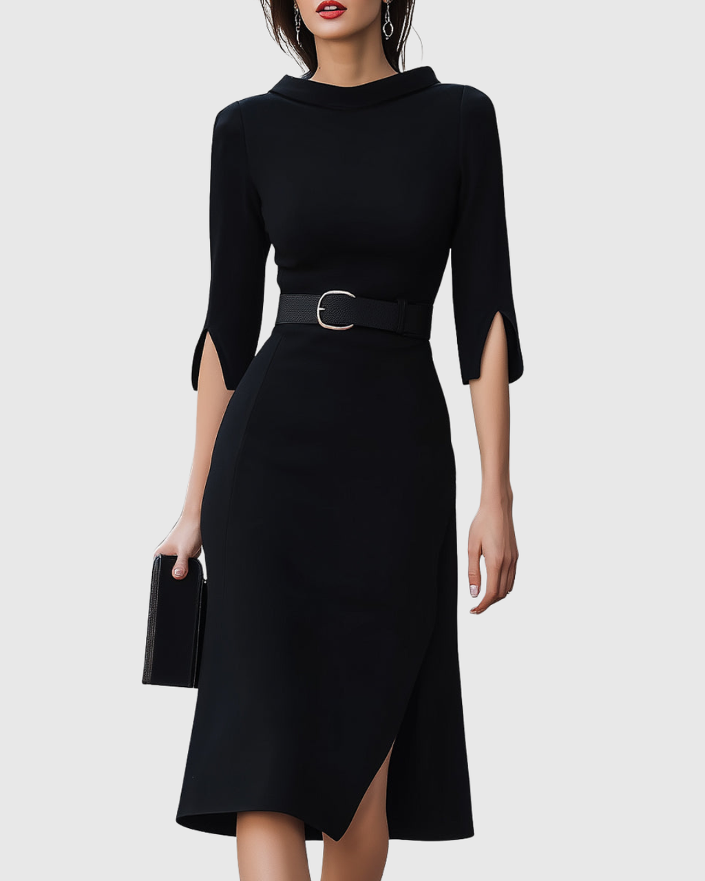 Women's Belted Work Midi Dress