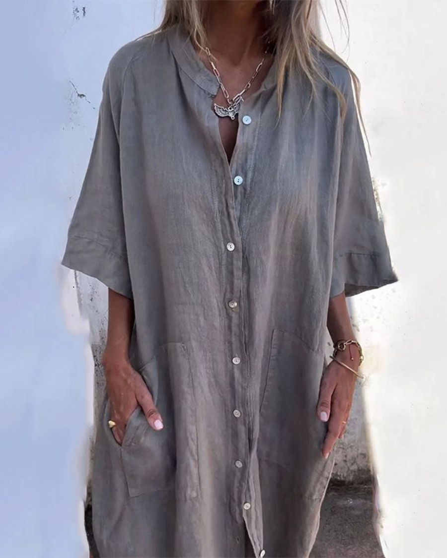 Women's Button-Front Long Sleeve Midi Dress