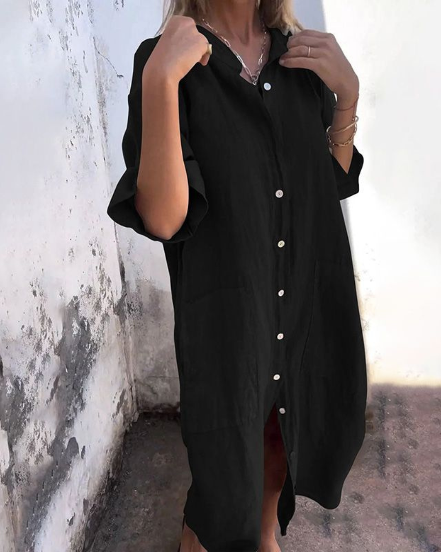 Women's Button-Front Long Sleeve Midi Dress