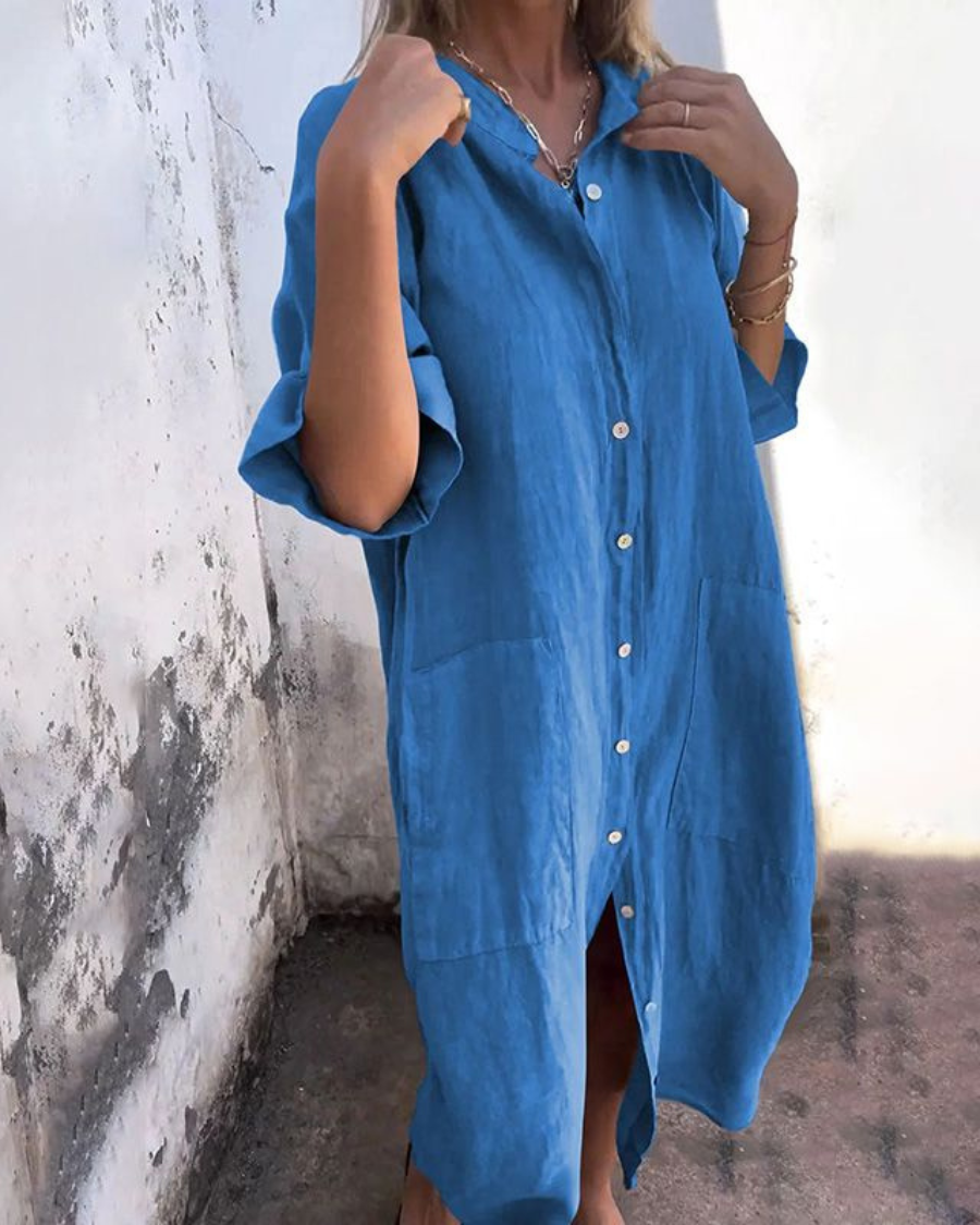 Women's Button-Front Long Sleeve Midi Dress