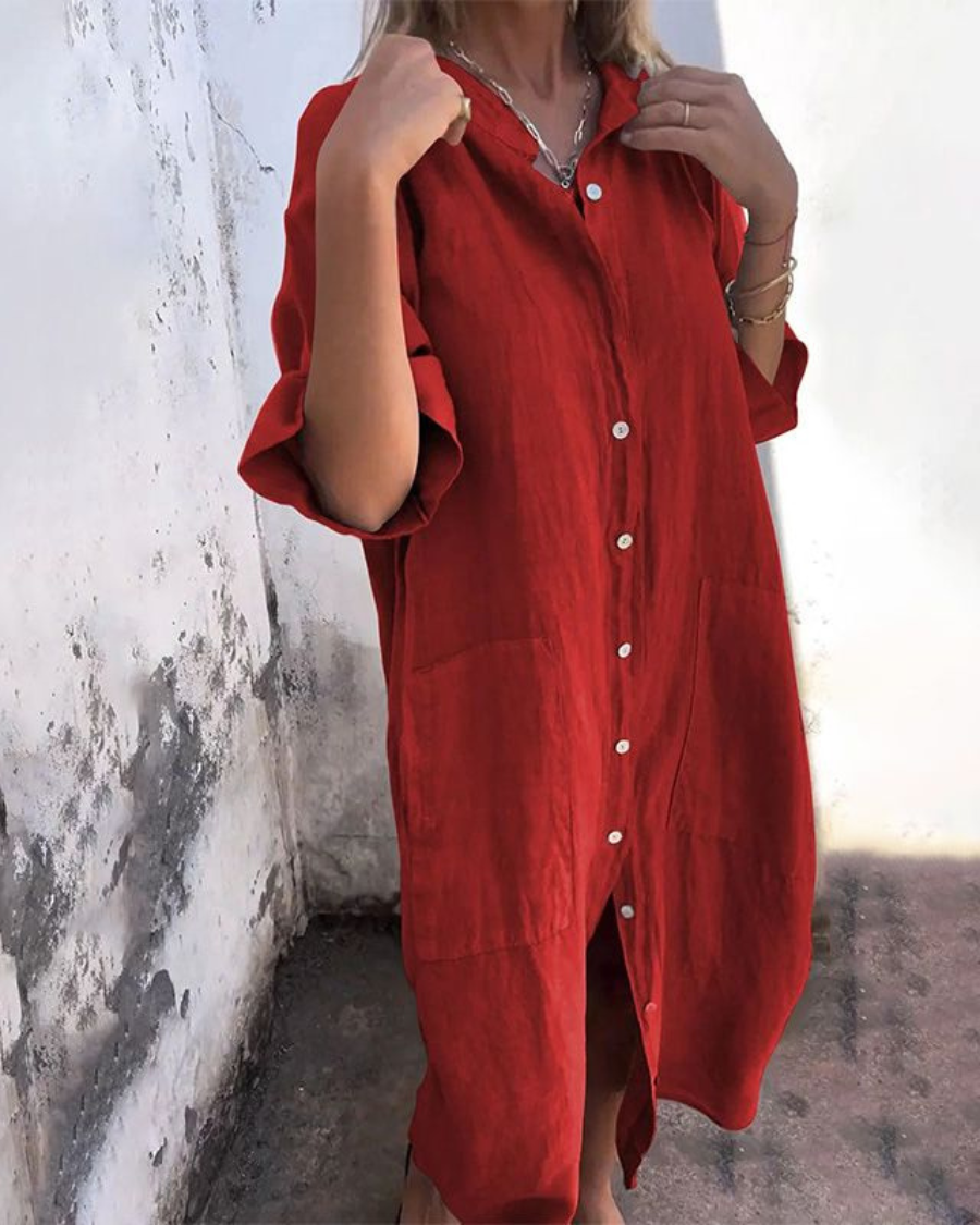 Women's Button-Front Long Sleeve Midi Dress