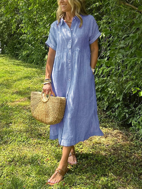 Women's Striped Button-Front Midi Dress