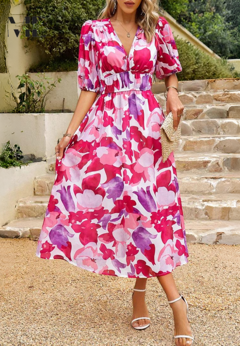 Women's Floral V-Neck Midi Dress