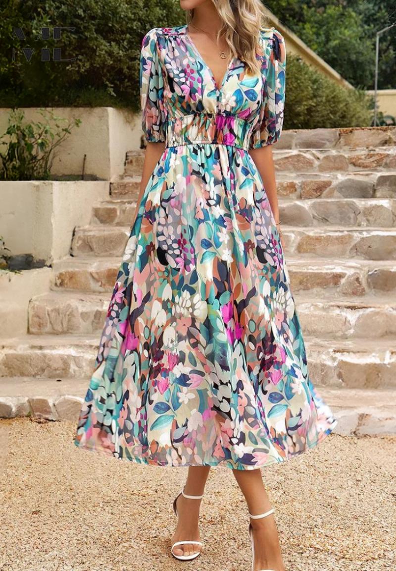 Women's Floral V-Neck Midi Dress