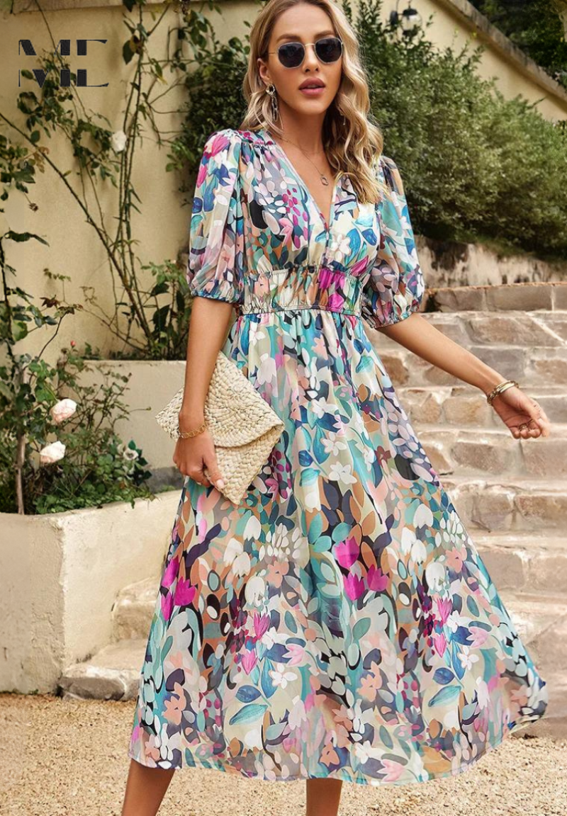 Women's Floral V-Neck Midi Dress