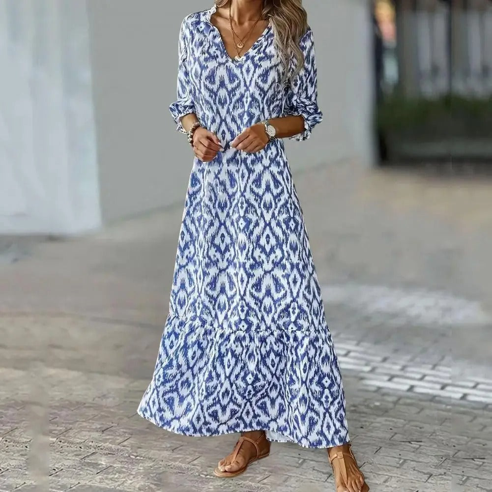 Women's Printed V-Neck Boho Maxi Dress