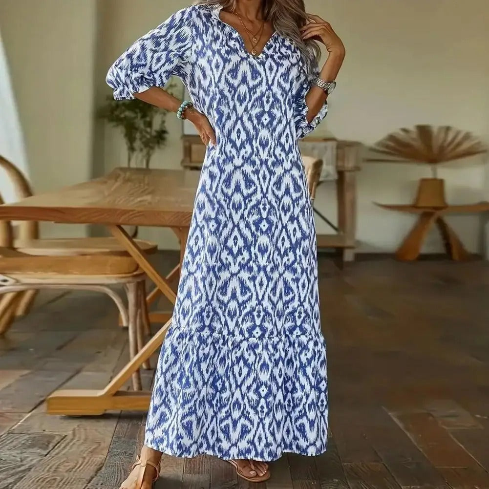 Women's Printed V-Neck Boho Maxi Dress