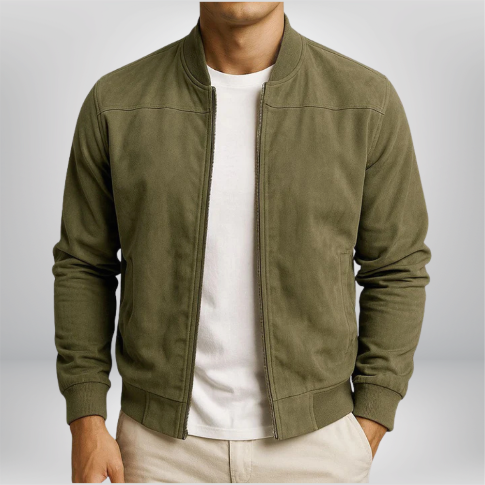 Men's Leather Bomber Jacket - Olive Green