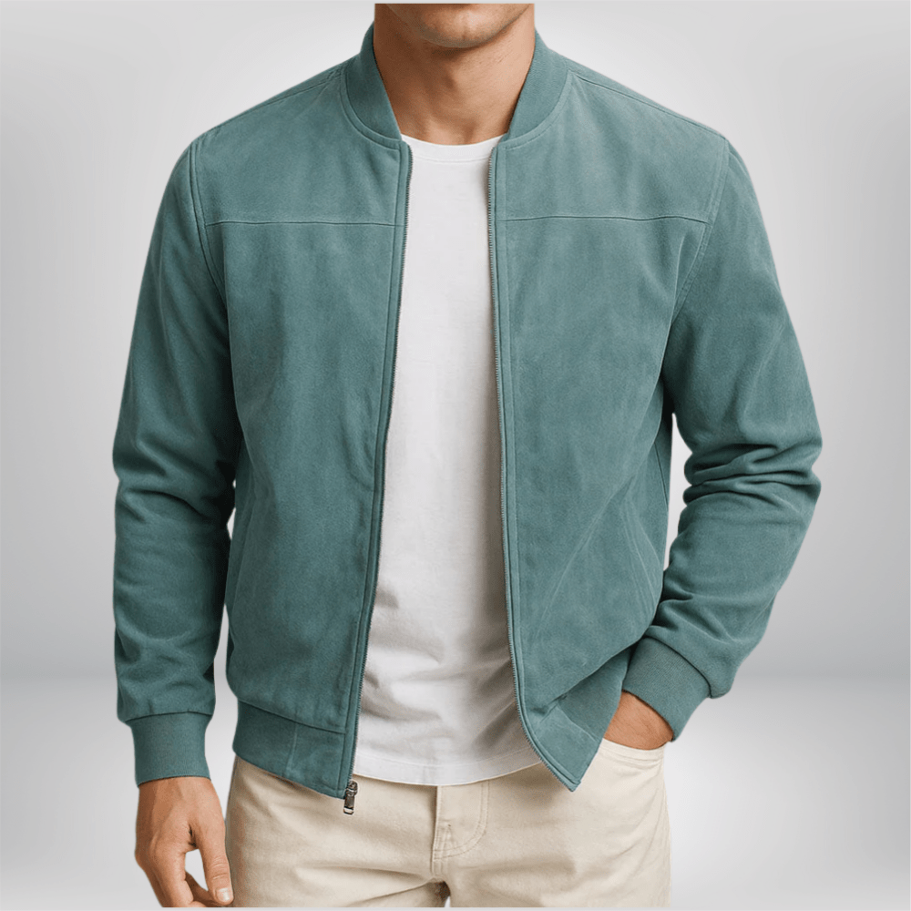 Men's Leather Bomber Jacket - Blue Green