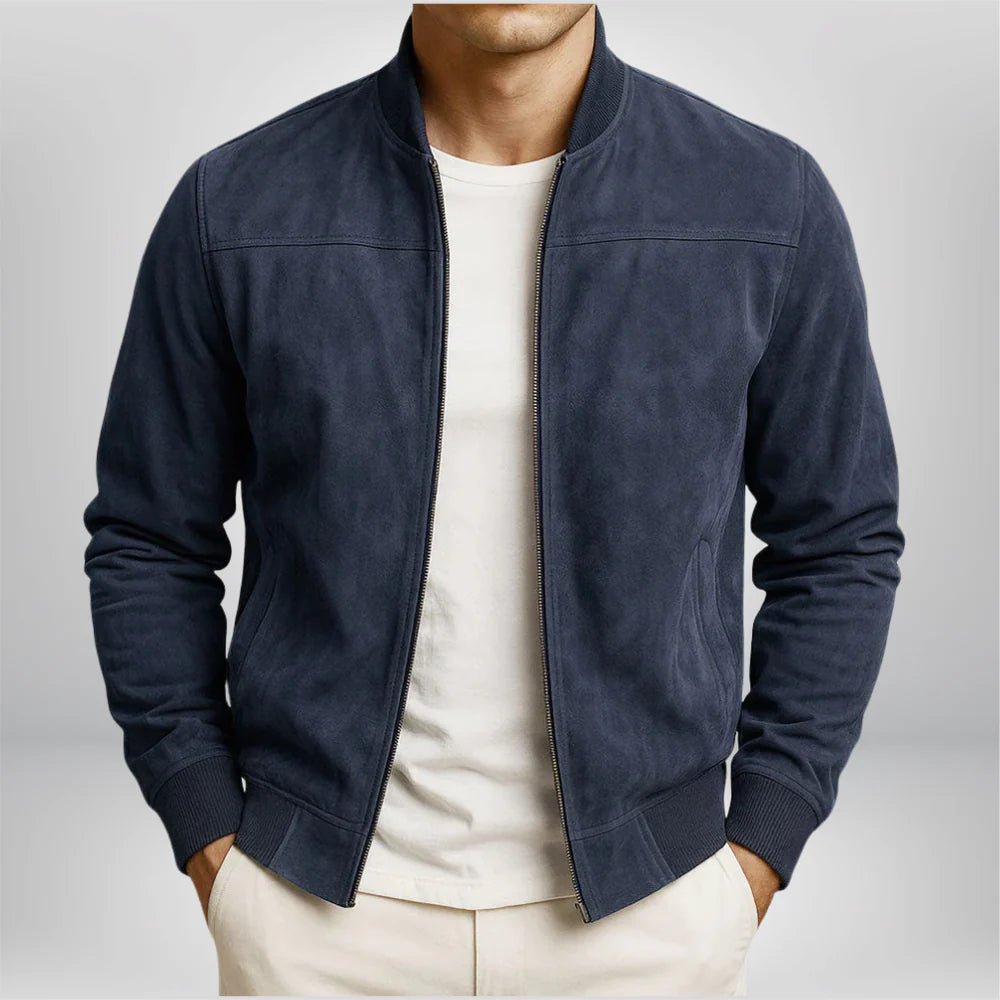 Men's Leather Bomber Jacket - Navy Blue