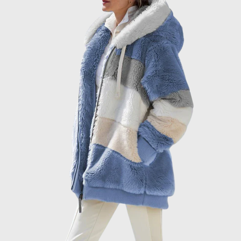 Women's Multicolor Fleece Puffer Jacket with Faux Fur Hood