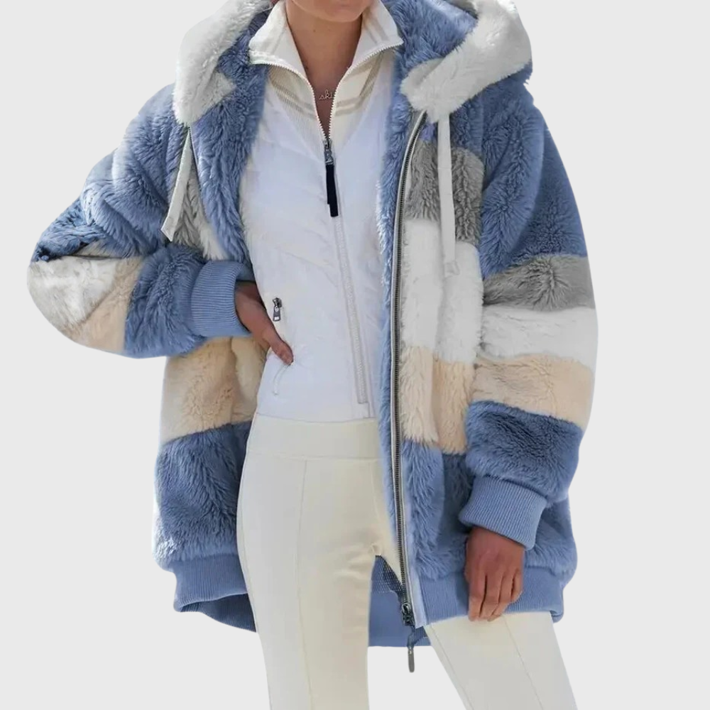 Women's Multicolor Fleece Puffer Jacket with Faux Fur Hood