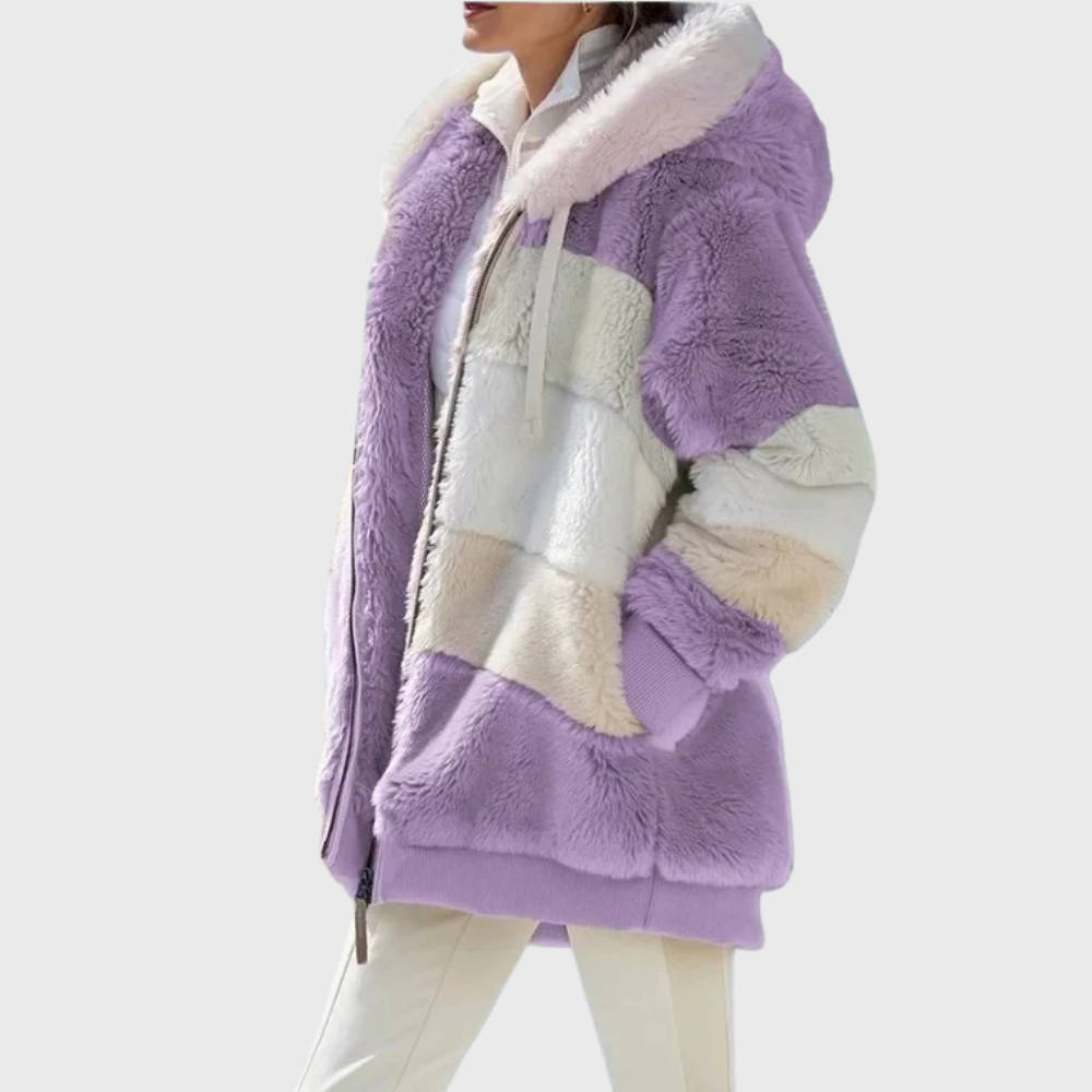 Women's Multicolor Fleece Puffer Jacket with Faux Fur Hood