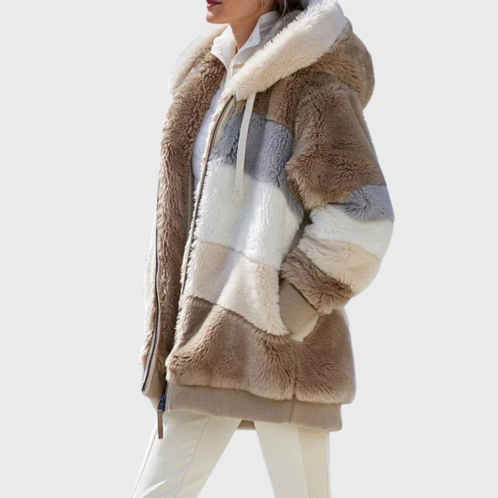 Women's Multicolor Fleece Puffer Jacket with Faux Fur Hood