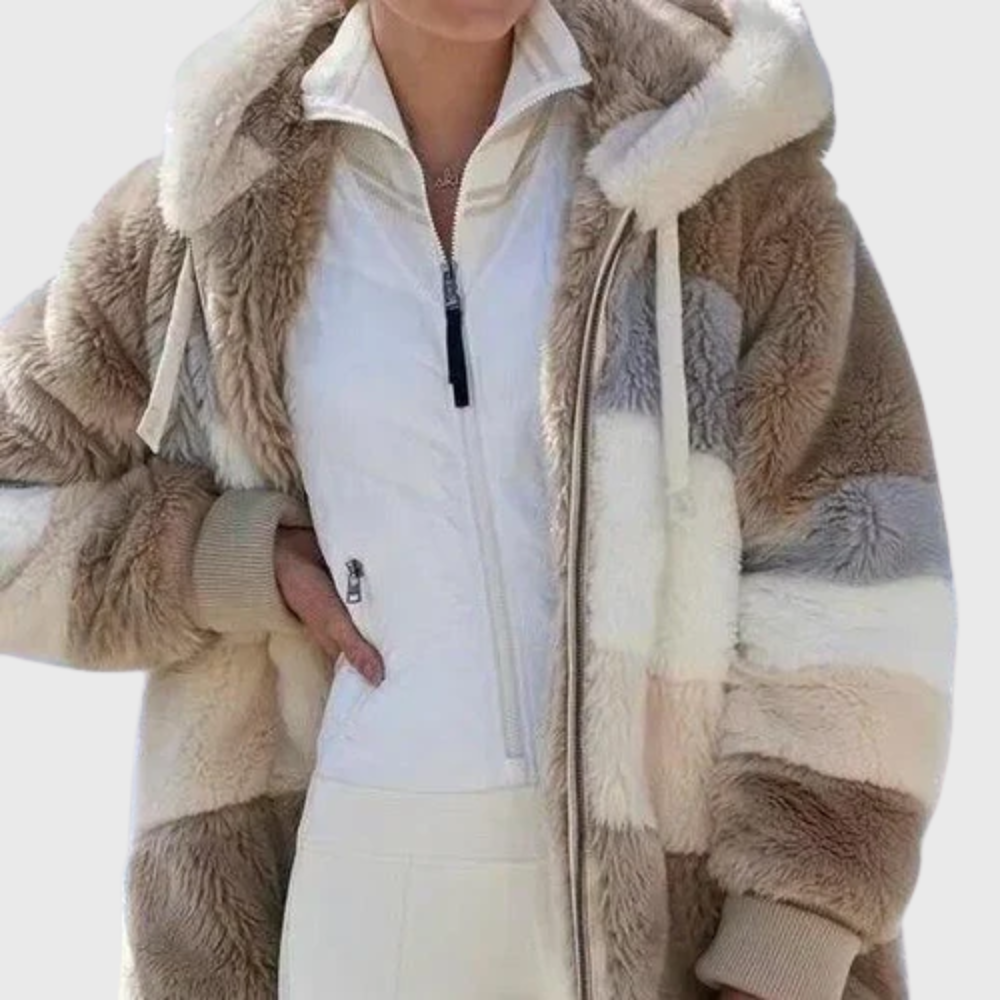 Women's Multicolor Fleece Puffer Jacket with Faux Fur Hood