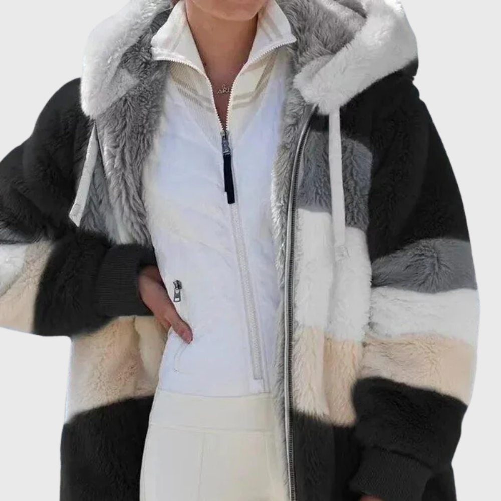Women's Multicolor Fleece Puffer Jacket with Faux Fur Hood