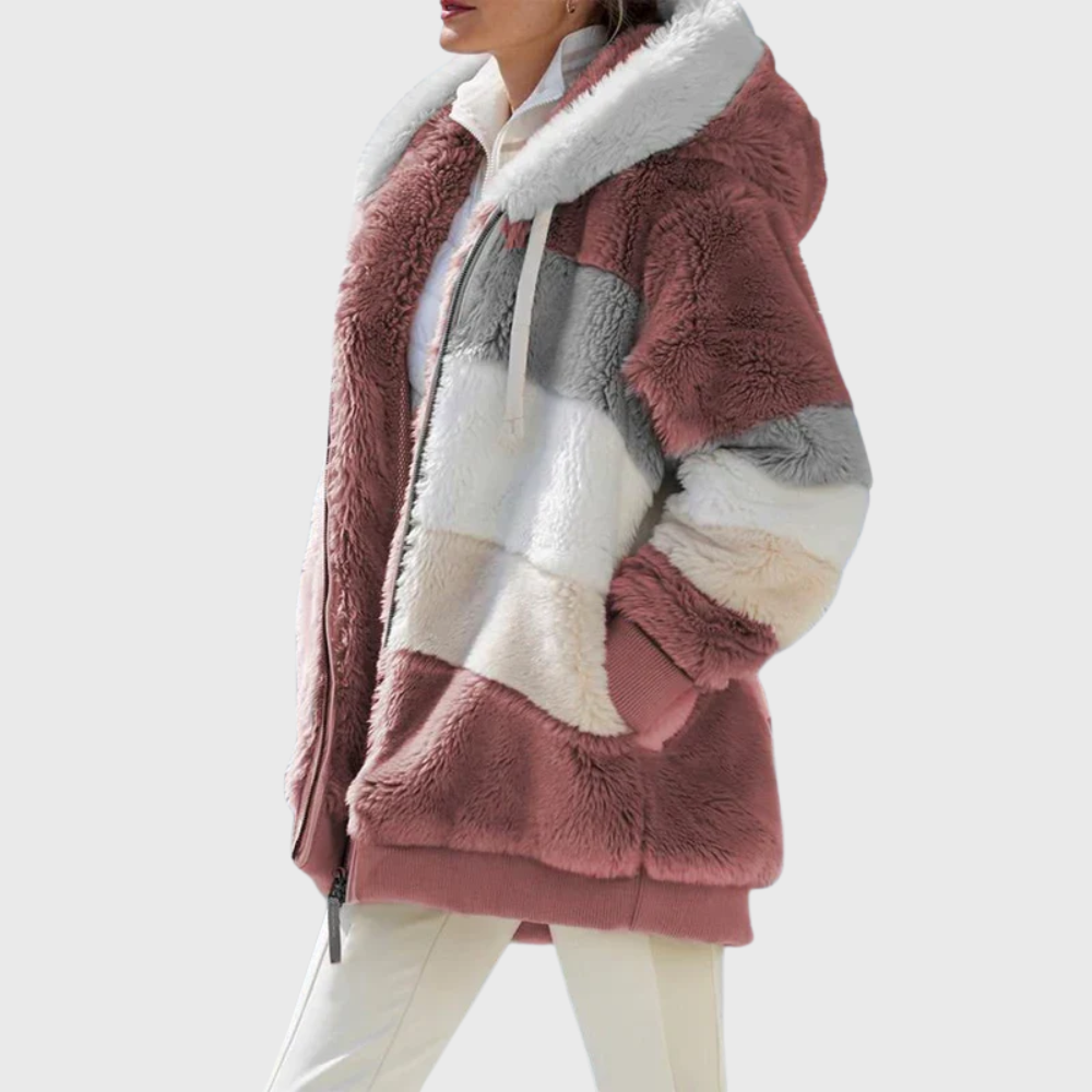 Women's Multicolor Fleece Puffer Jacket with Faux Fur Hood