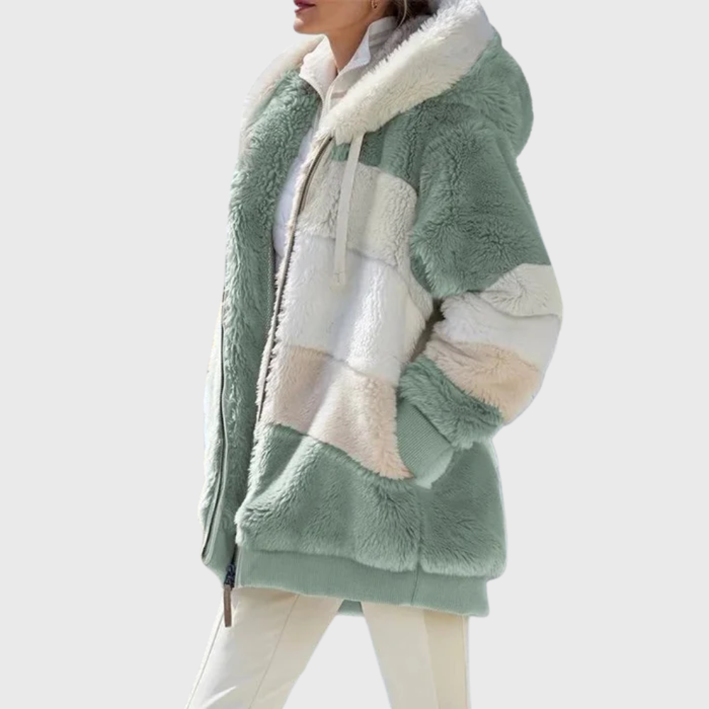 Women's Multicolor Fleece Puffer Jacket with Faux Fur Hood