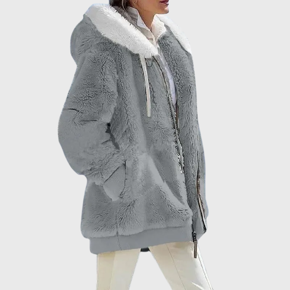 Women's Multicolor Fleece Puffer Jacket with Faux Fur Hood