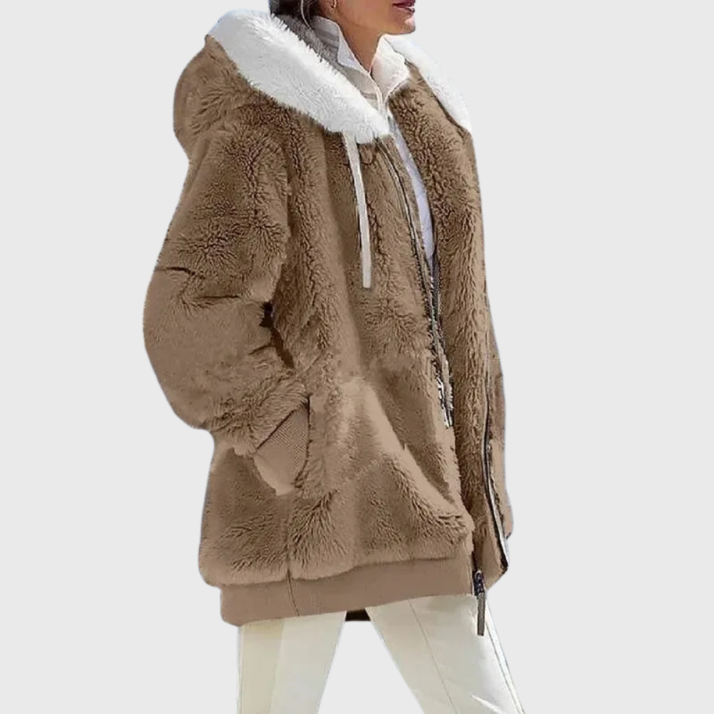 Women's Multicolor Fleece Puffer Jacket with Faux Fur Hood