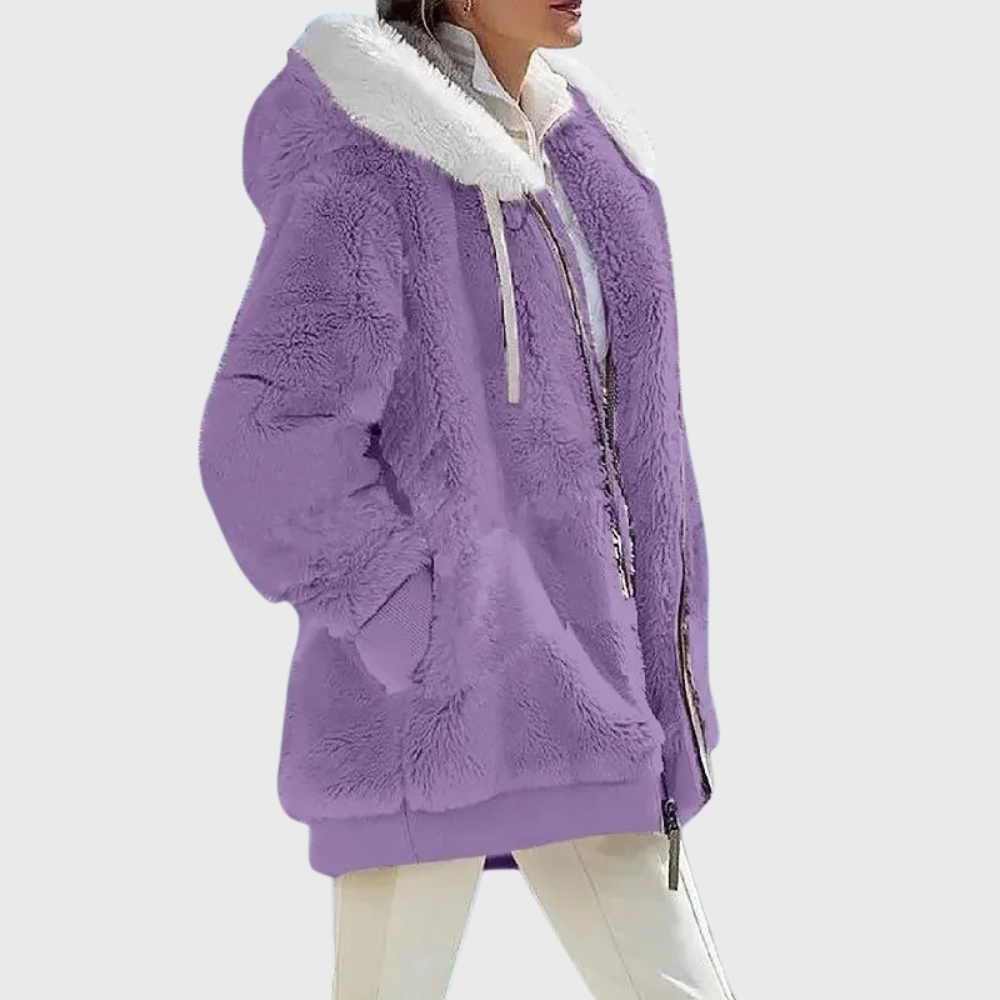 Women's Multicolor Fleece Puffer Jacket with Faux Fur Hood