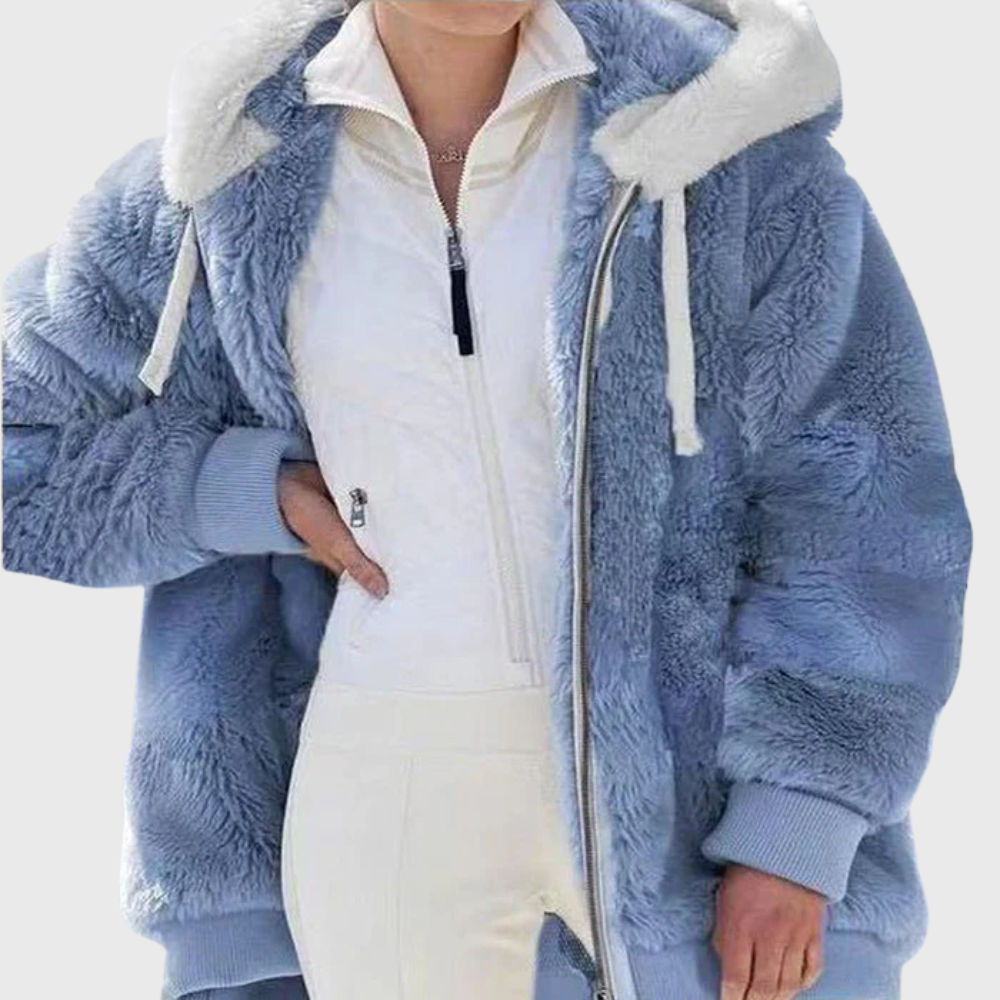 Women's Multicolor Fleece Puffer Jacket with Faux Fur Hood