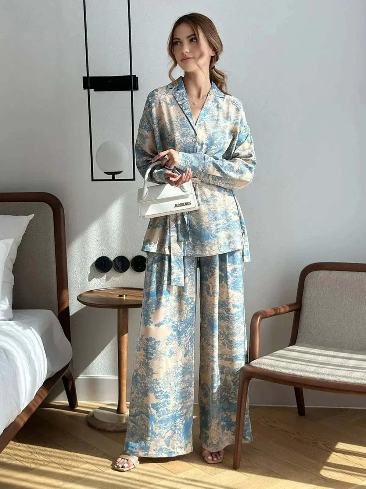 Women's Printed Wide-Leg Trouser Set Relaxed Two-Piece Outfit for Travel and Social Plans