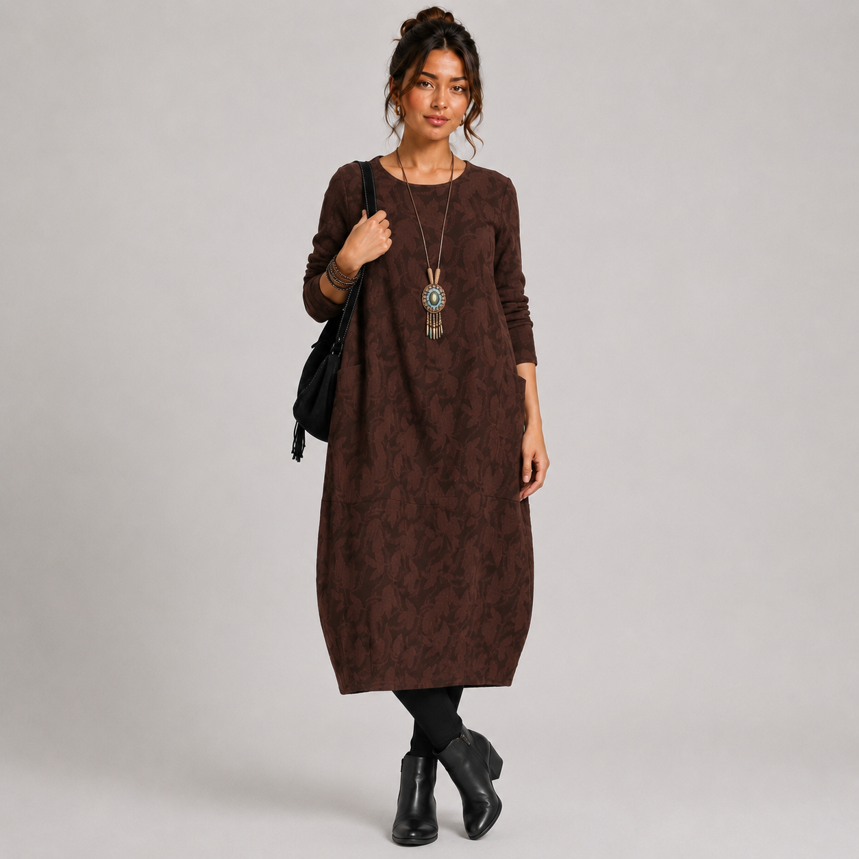 Women’s Printed Long-Sleeve Midi Dress