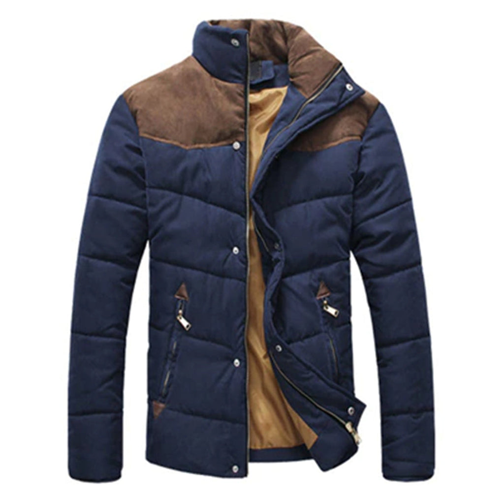 Men's Contrast-Panel Quilted Winter Jacket - Navy Blue