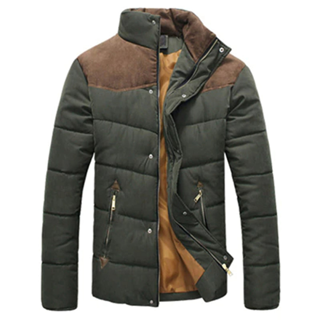 Men's Contrast-Panel Quilted Winter Jacket - Olive Green