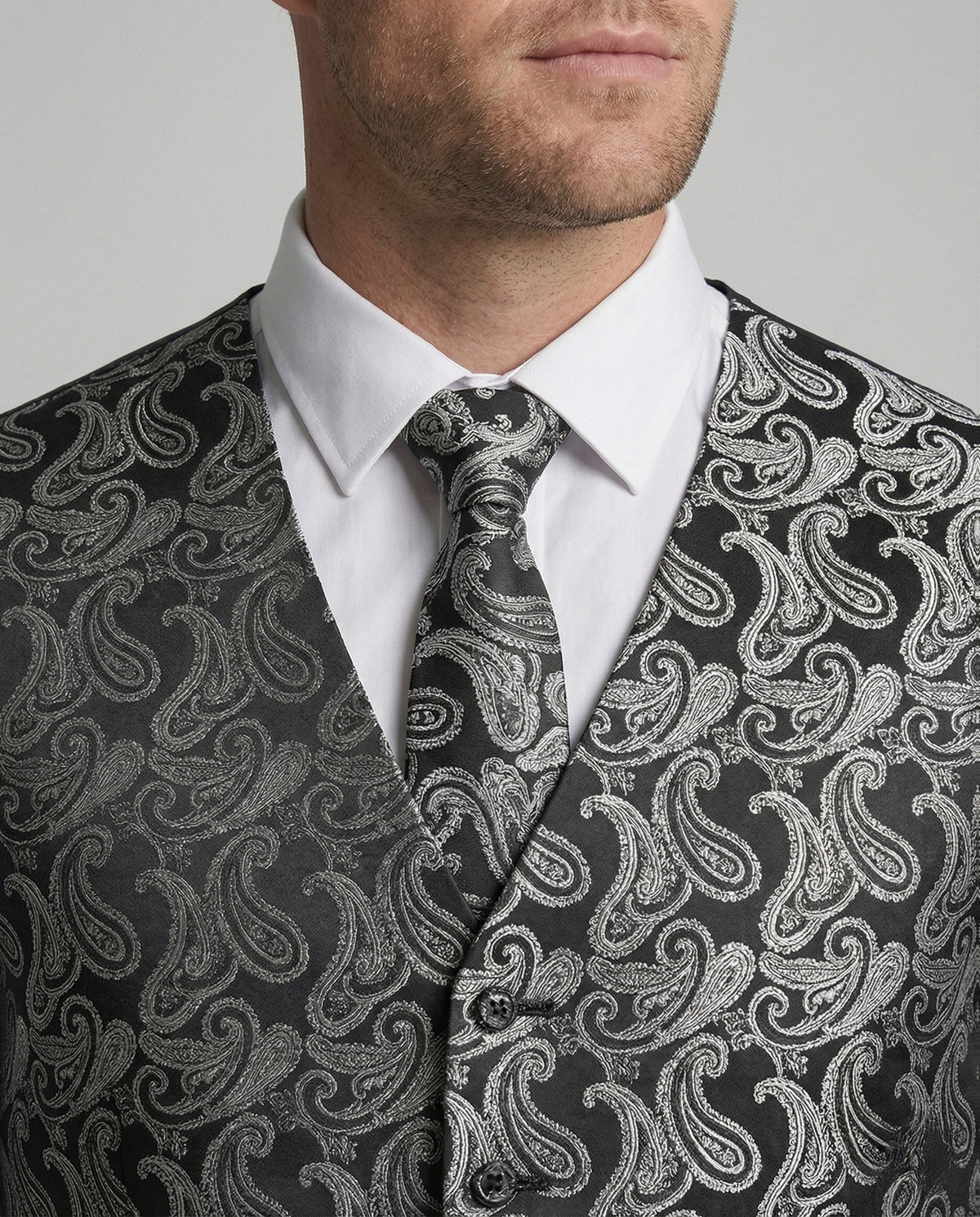 Men's Printed V-Neck Suit Vest and Tie Set