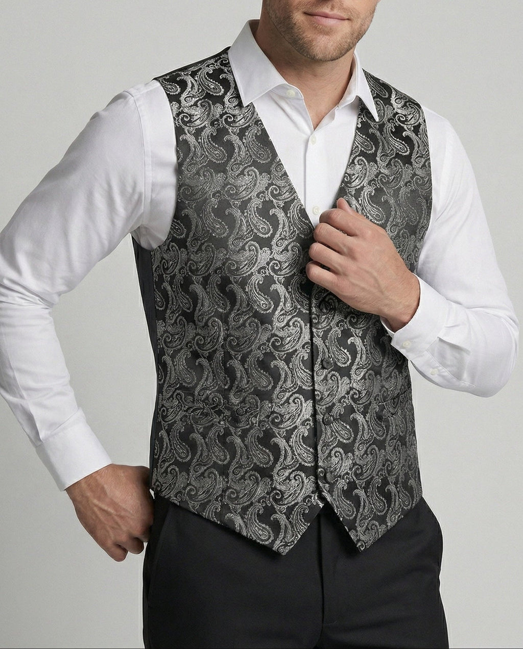Men's Printed V-Neck Suit Vest and Tie Set