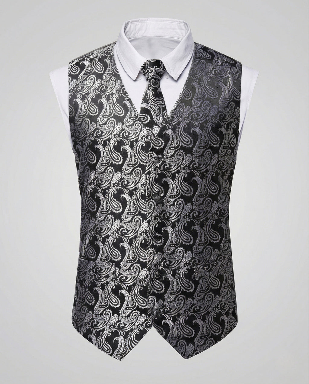 Men's Printed V-Neck Suit Vest and Tie Set - Gray