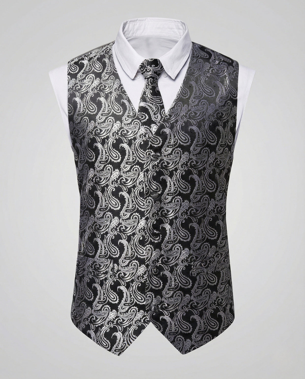 Men's Printed V-Neck Suit Vest and Tie Set - Gray