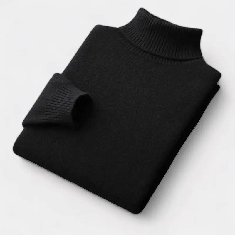 Men's Fine Merino Wool Roll-Neck Sweater with Ribbed Trims - Navy Blue