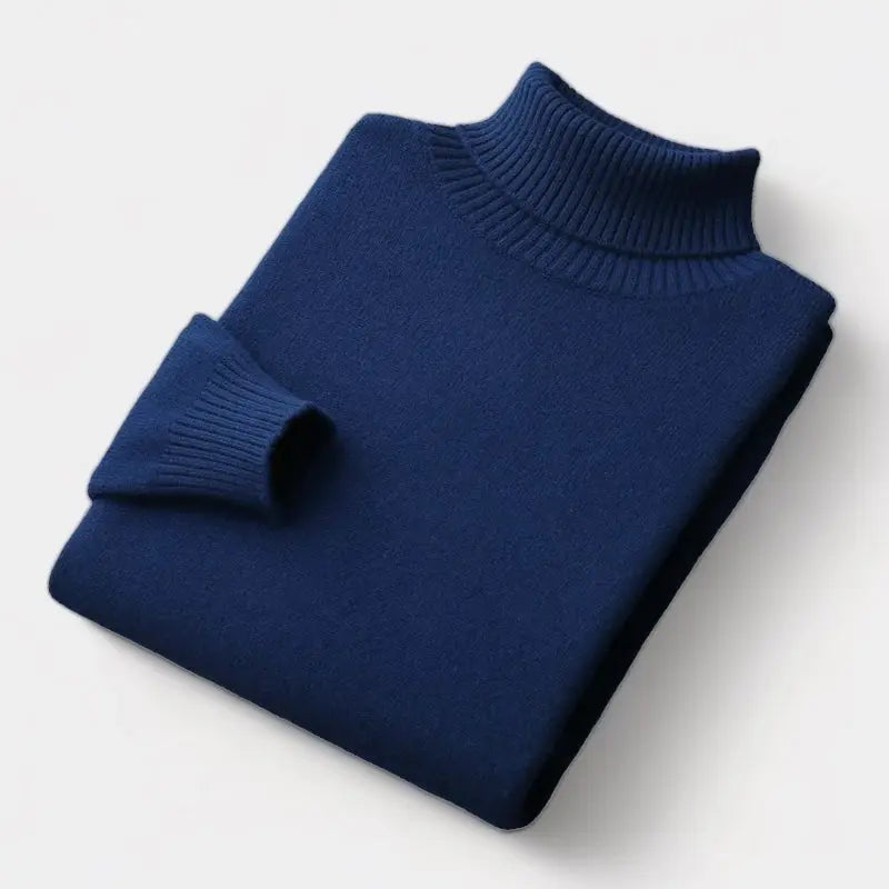 Men's Fine Merino Wool Roll-Neck Sweater with Ribbed Trims - Brown