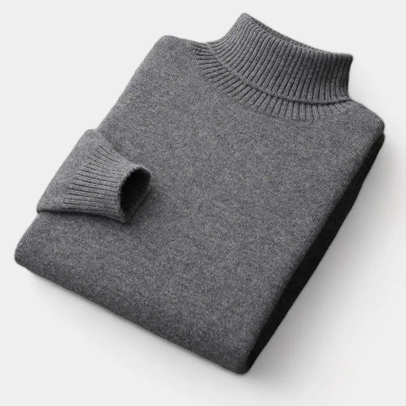 Men's Fine Merino Wool Roll-Neck Sweater with Ribbed Trims - Black