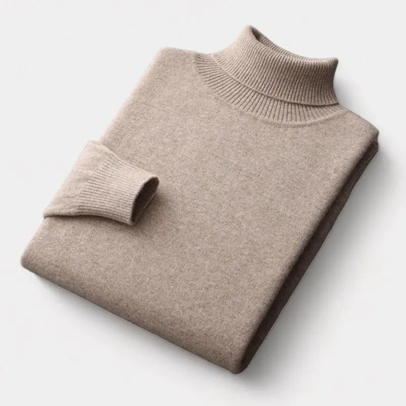 Men's Fine Merino Wool Roll-Neck Sweater with Ribbed Trims - Sage Green