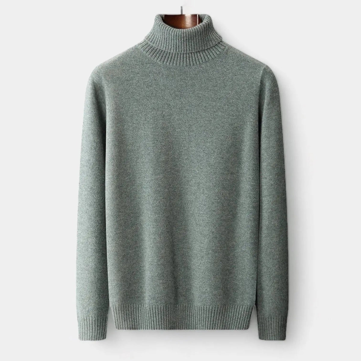 Men's Fine Merino Wool Roll-Neck Sweater with Ribbed Trims - Dark Gray