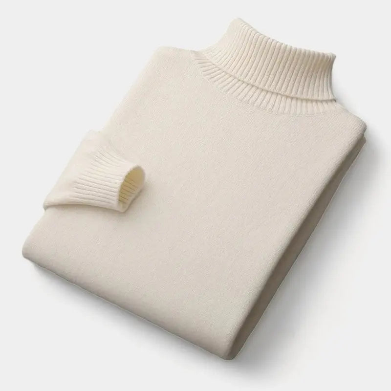 Men's Fine Merino Wool Roll-Neck Sweater with Ribbed Trims - Light Gray