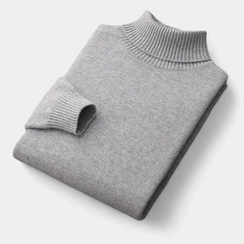 Men's Fine Merino Wool Roll-Neck Sweater with Ribbed Trims - Beige