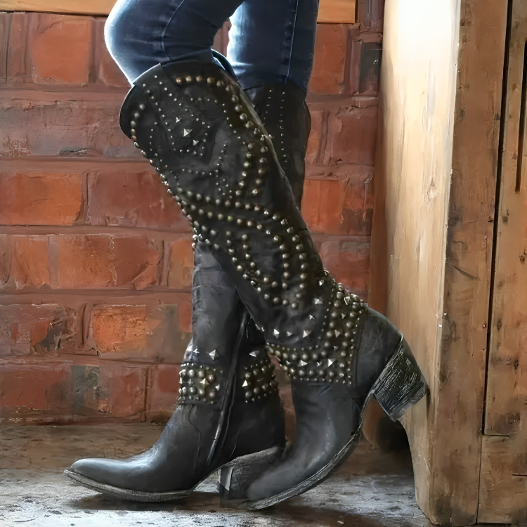 Women's Studded Knee-High Western Boots with Stacked Heel - Black