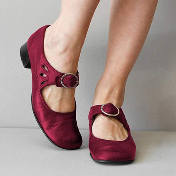 Women's Classic Leather Buckle Strap Mary Jane Flats - Red