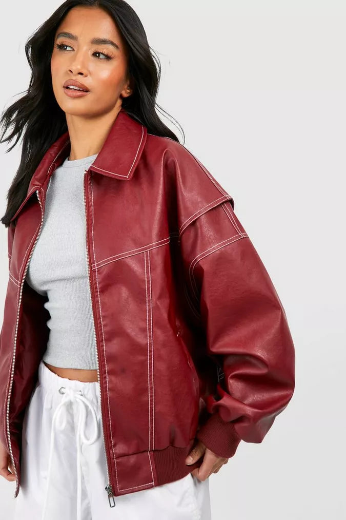 Women's Vegan Leather Bomber Jacket