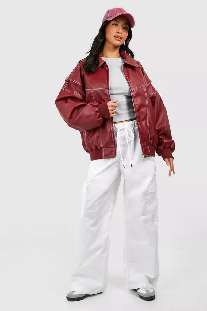 Women's Vegan Leather Bomber Jacket