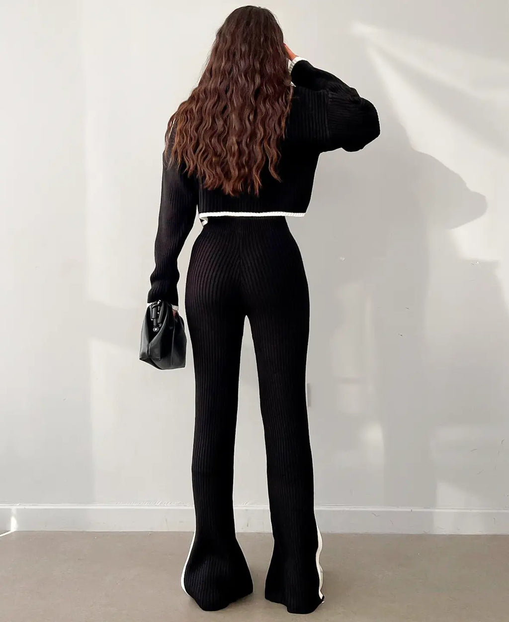 Women's Ribbed Cropped Knit Top and Straight-Leg Pants Set