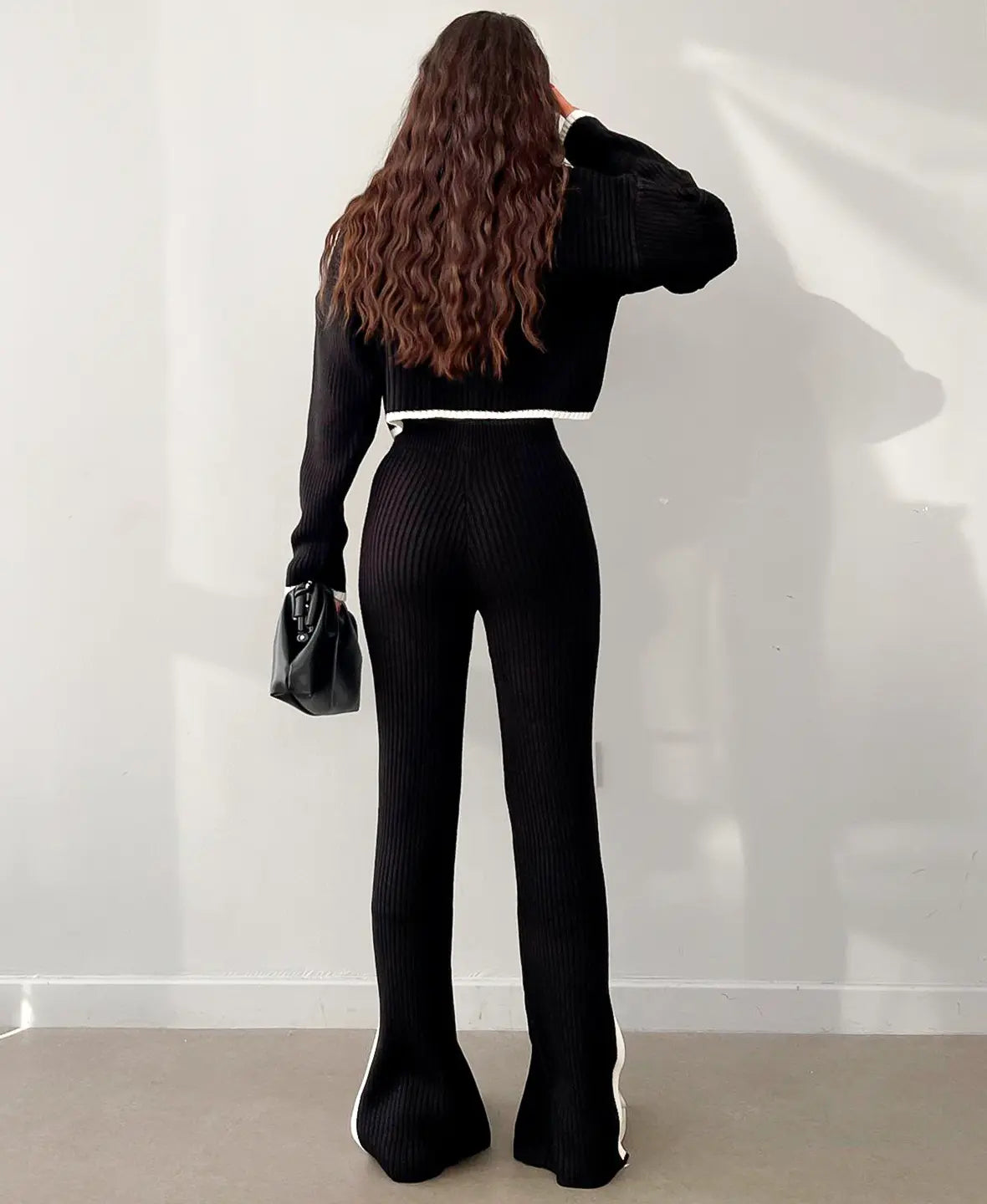 Women's Ribbed Cropped Knit Top and Straight-Leg Pants Set