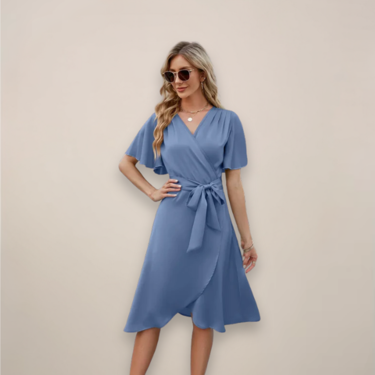 Women's V-Neck Wrap Wedding Guest Midi Dress