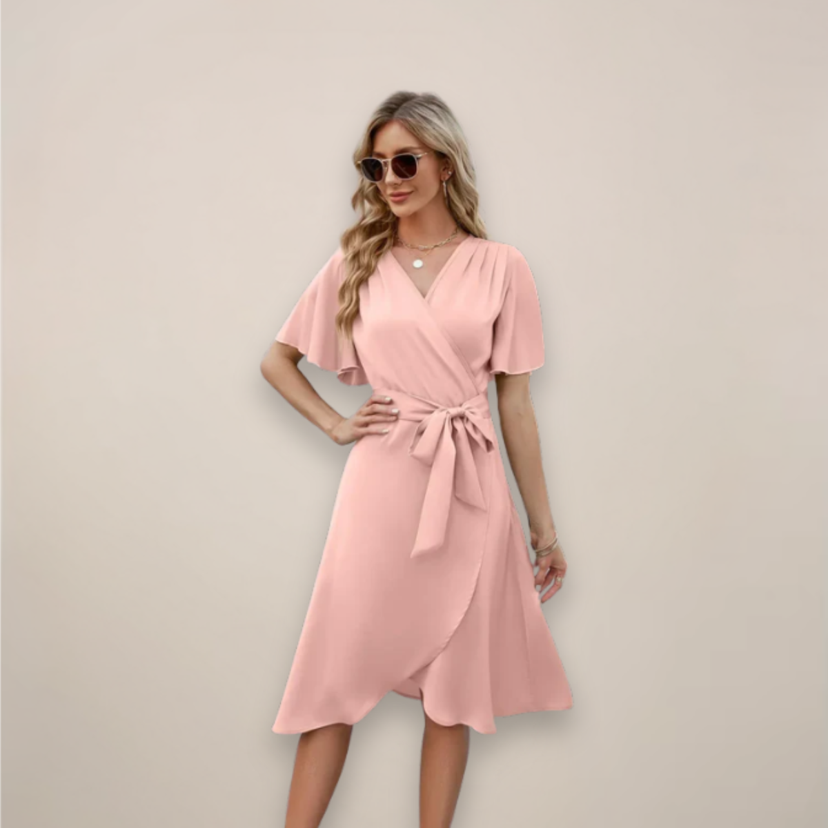 Women's V-Neck Wrap Wedding Guest Midi Dress
